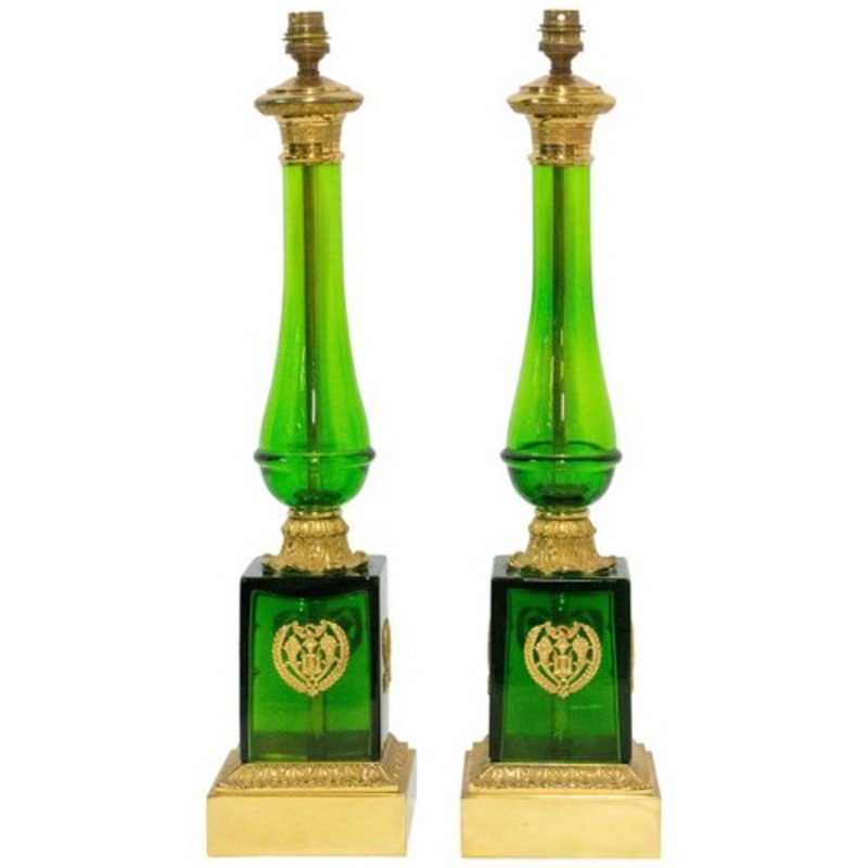 Empire Style Glass and Brass Column Table Lamp, France, Set of 2 for sale at Pamono