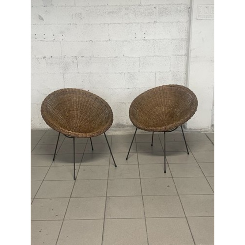 Set of Armchairs with Wicker Seat, 1950s for sale at Pamono