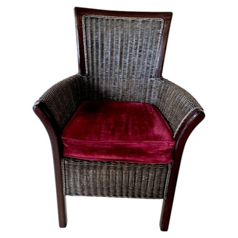 Vintage Spanish Wood and Wicker Armchair with Cushion for sale at Pamono