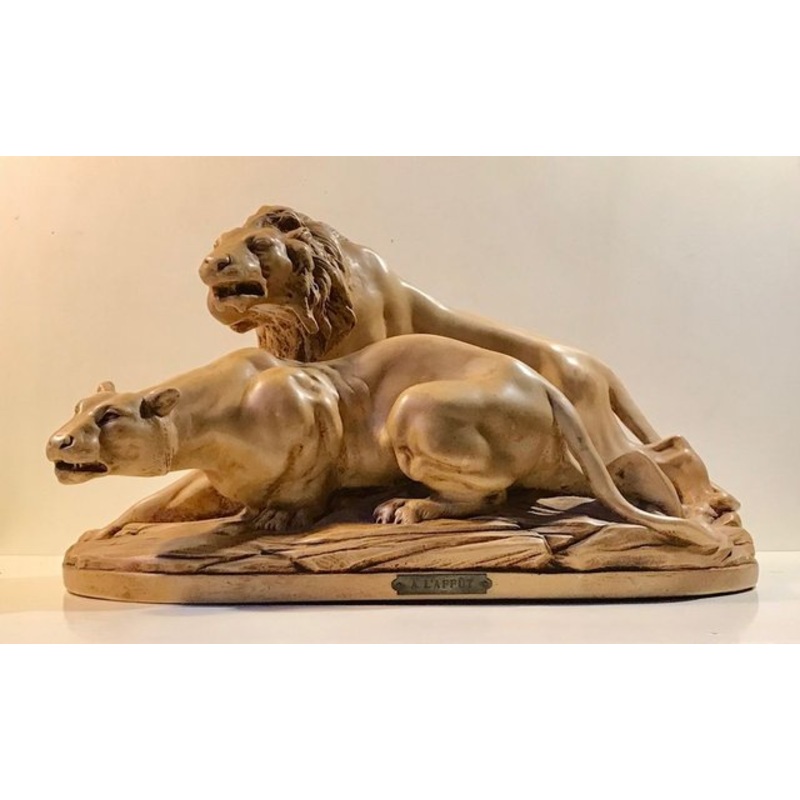 French L’Affut Art Deco Sculpture of Lions by A. Martinez, Paris 1924 for sale at Pamono