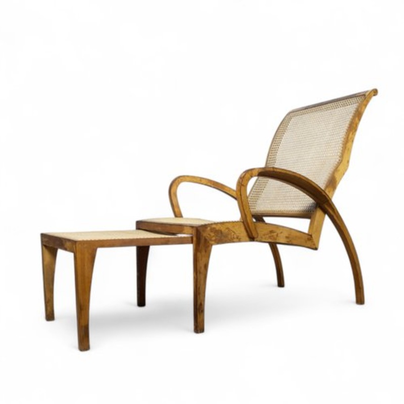 Set of Modernist Sculptural Cane Lounge Chair with Ottoman, 1940s for sale at Pamono