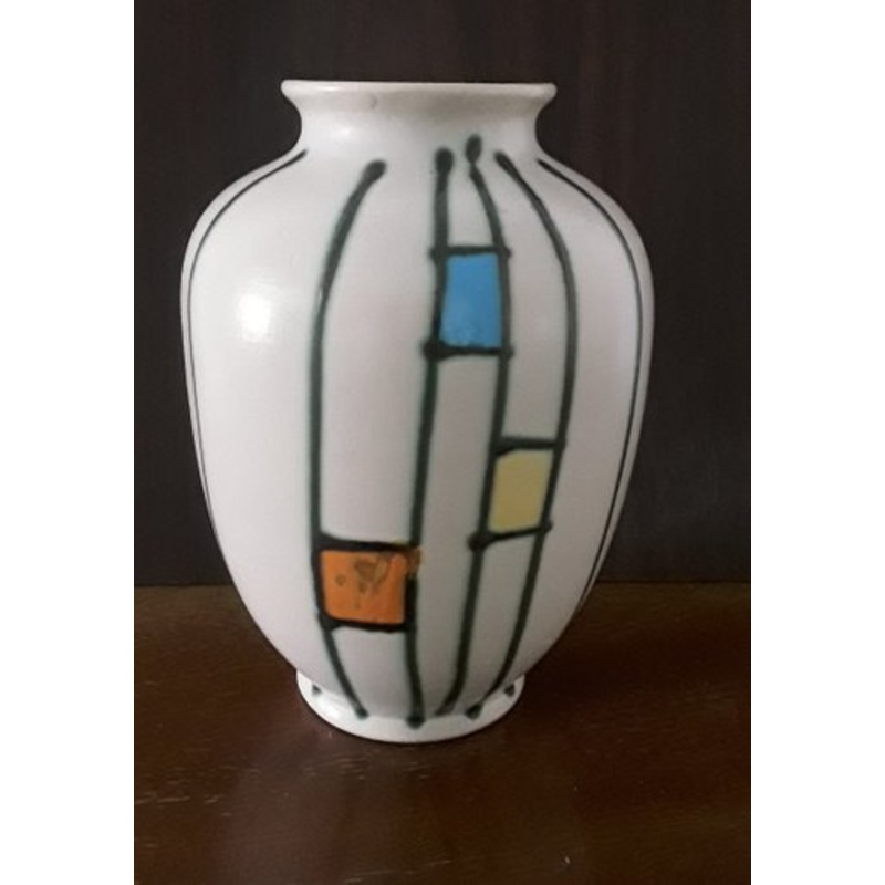 Vintage Bulbous Ceramic 307 20 Vase in Cream White Glaze Decorated with Multicolored Shapes, 1960s for sale at Pamono