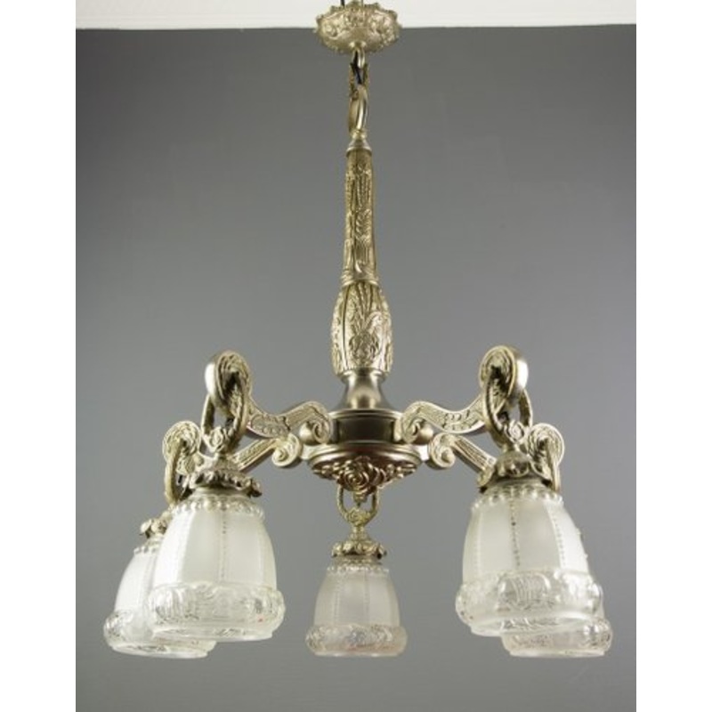 Art Deco Style Bronze and Frosted Glass Floral Chandelier, 1930s for sale at Pamono