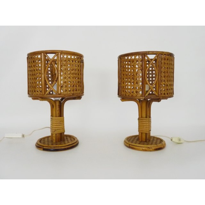Bamboo Rattan Cane Lamps, Italy, 1960s, Set of 2 for sale at Pamono
