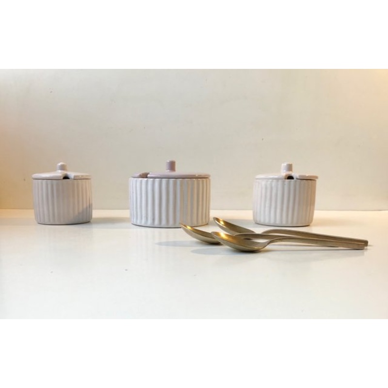 L. Hjorth Fluted White Ceramic Jars, 1940s, Set of 3 for sale at Pamono