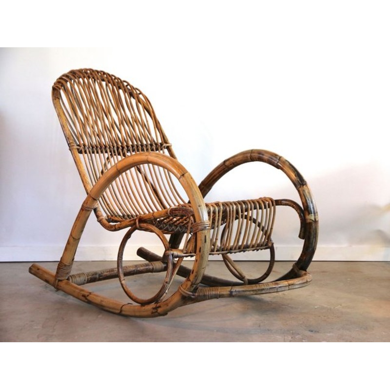 Large Wicker and Bamboo Rocking Chair, 1950s for sale at Pamono