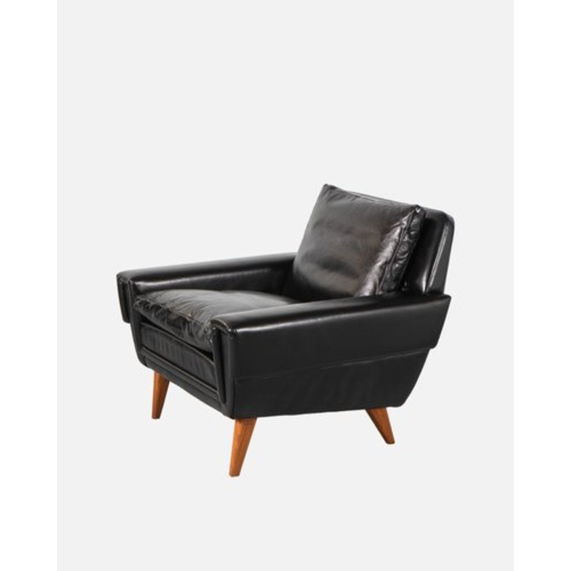 Mid-Century Scandinavian Armchair in Teak and Black Leather, Denmark, 1960s for sale at Pamono