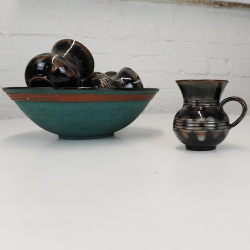 Mugs and Matching Bowl with Matt Turquoise Outer, 1960s, Set of 7 for sale at Pamono