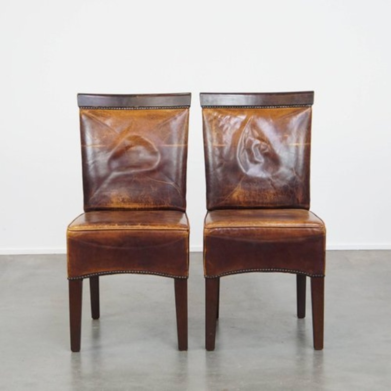 Set of Art Deco Cognac-Colored Leather and Wood Dining Chairs for sale at Pamono