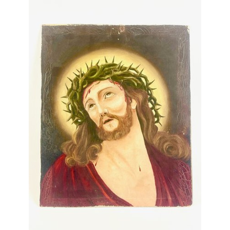 The Face of Christ Jesus with Crown of Thorns, Oil on Cardboard, 19th Century for sale at Pamono