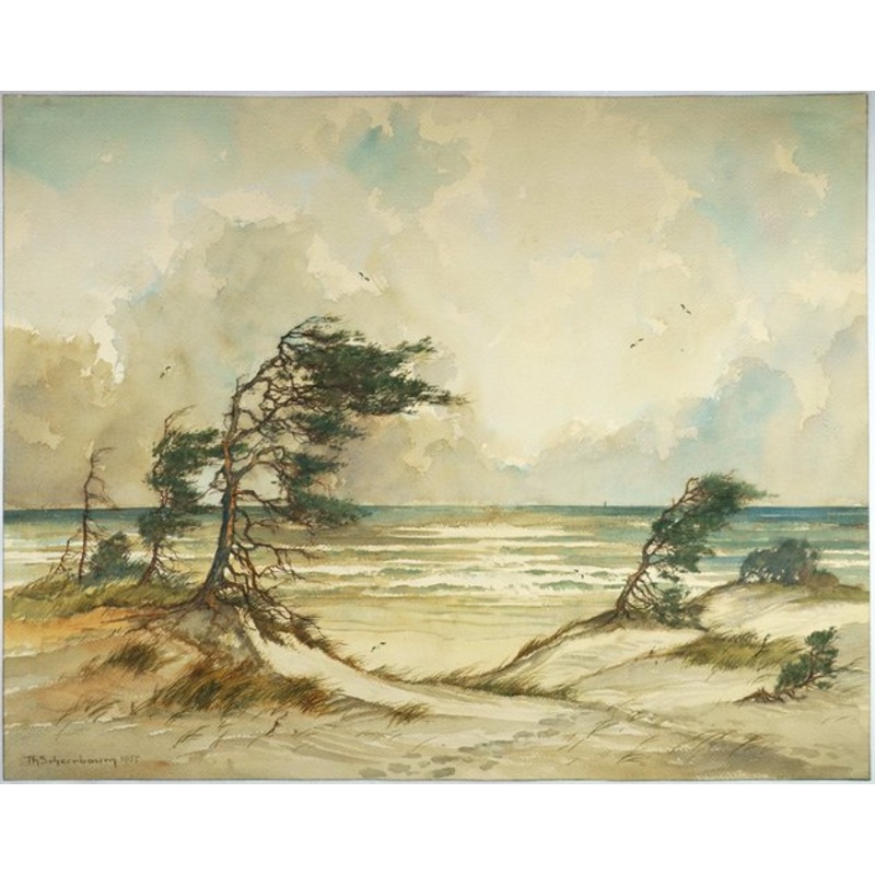Theodor Scheerbaum, Wind Dodgers at the Baltic Sea, 1955, Work on Paper for sale at Pamono