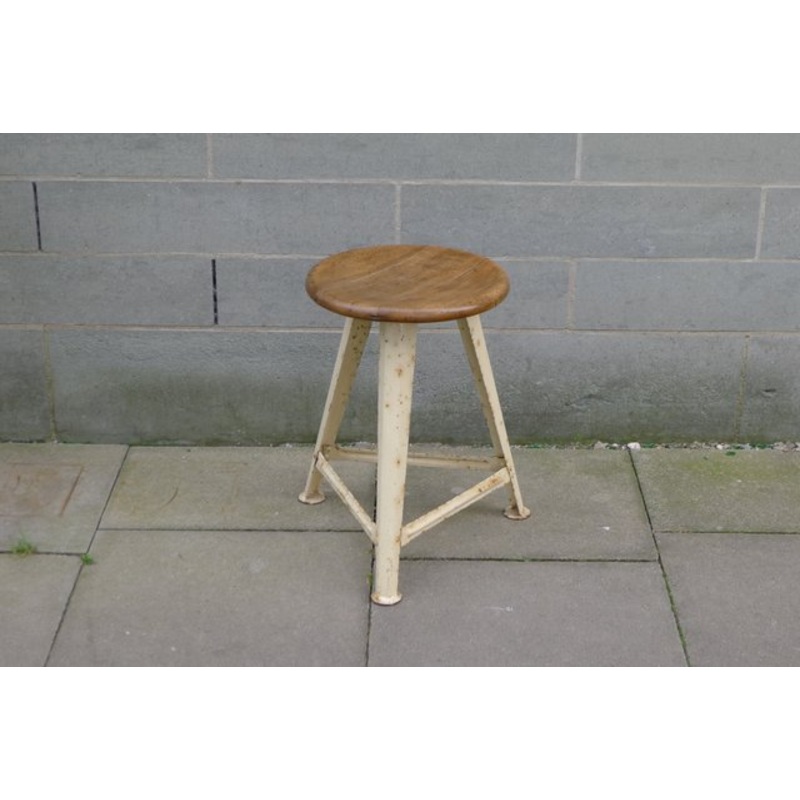 Vintage Industrial Workshop Stool in Steel and Beech in the Style of Rowac, 1930s for sale at Pamono