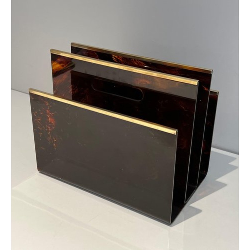 Acrylic Glass and Brass Magazine Rack, 1970s for sale at Pamono