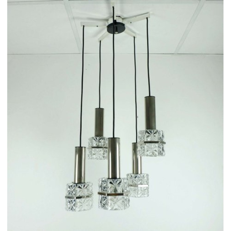 Chrome Chandelier with Faceted Glass & 5 Shades, 1960s for sale at Pamono