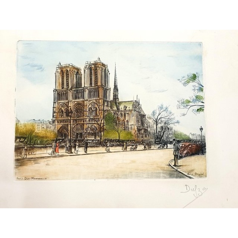 Dufza, Paris Notre Dame, Hand Signed Etching, 1940s for sale at Pamono