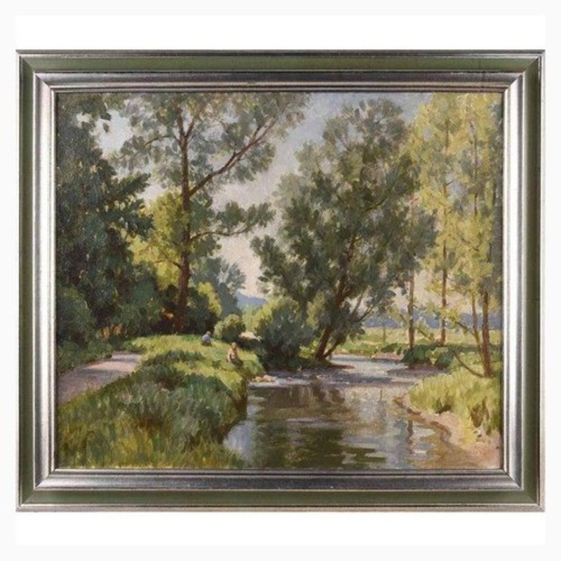Edward Albert Hickling, Figures by a Tree Lined River in Irish Summer, 1980, Oil Painting for sale at Pamono