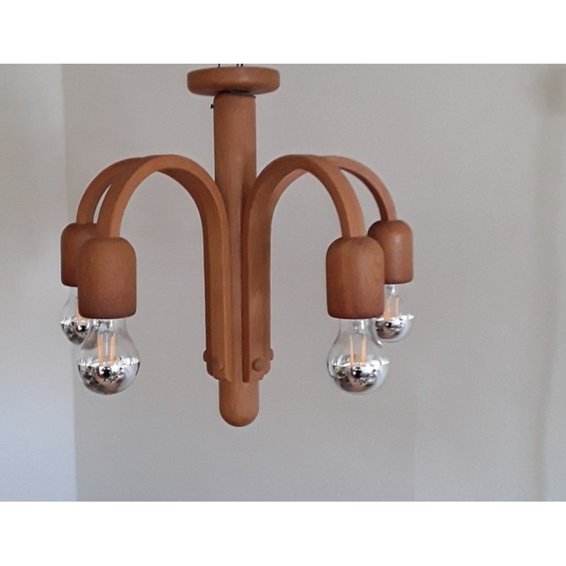 German Vintage Ceiling Lamp from the 70s with Curved Oak Frame from Domus, 1970s for sale at Pamono