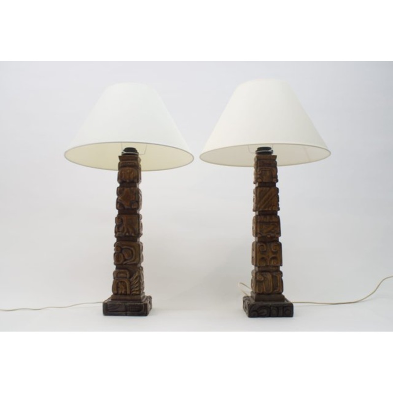 Hand-Carved Wooden Table Lamps from Temde, 1960s, Set of 2 for sale at Pamono