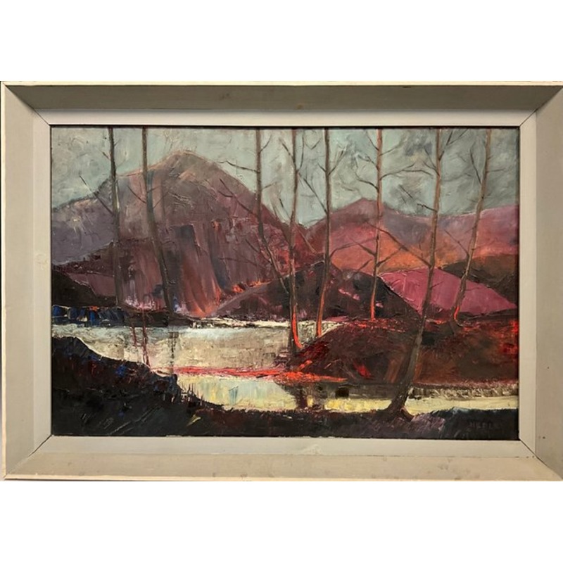 Hedley Williams Waycott, Mountains Ablaze with Light of Setting Sun, Oil Painting, 1900, Framed for sale at Pamono