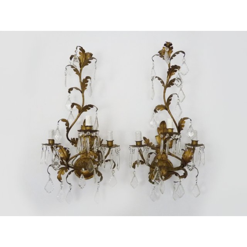 Large Foliage Wall Lights with 3 Arms of Lights in Gold Metal, 1970s for sale at Pamono