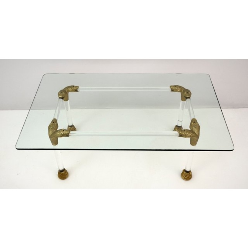 Mid-Century Coffee Table in Acrylic Glass and Brass with Snake Head Details, Italy, 1970s for sale at Pamono