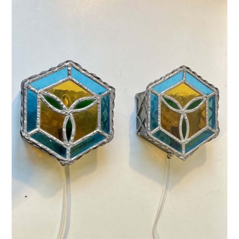 Vintage Gothic Stained Glass Wall Sconces, 1970s, Set of 2 for sale at Pamono
