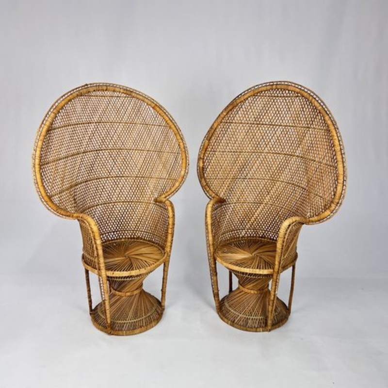 Vintage Rattan and Wicker Peacock Chairs, 1970s, Set of 2 for sale at Pamono