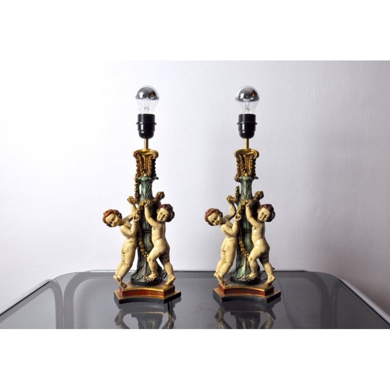 Vintage Resin Cherub Lamps, France, 1970, Set of 2 for sale at Pamono
