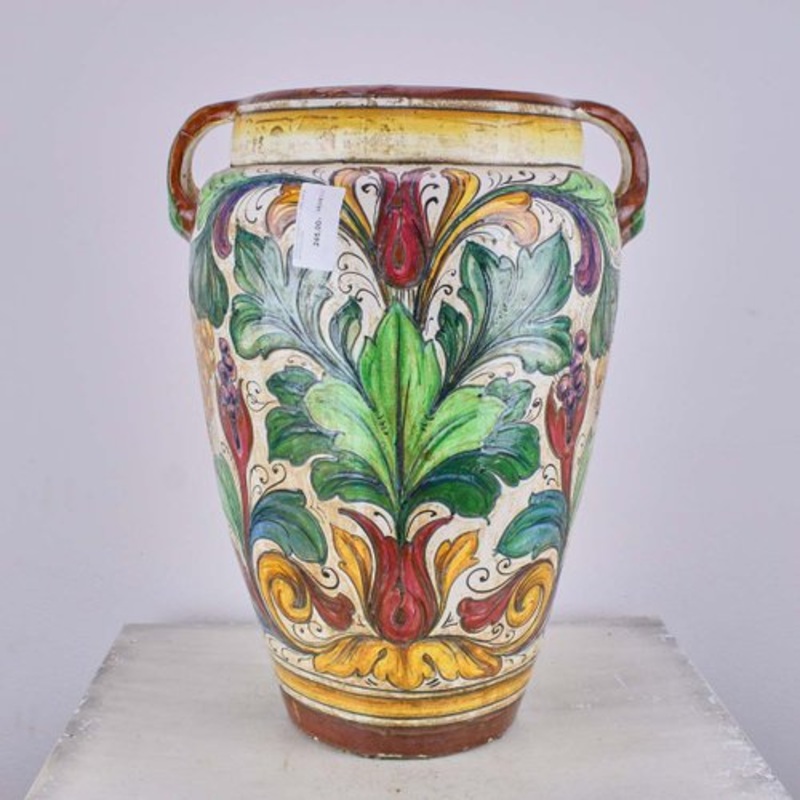Enamelled Terracotta Vase with Floral Motifs for sale at Pamono