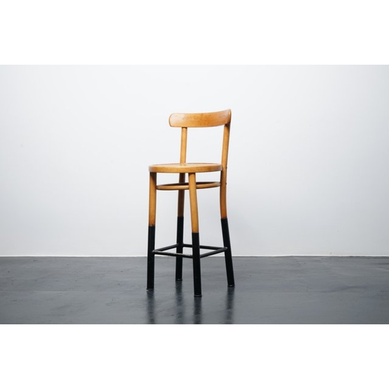 Industrial Wood and Metal Stool with Backrest for sale at Pamono