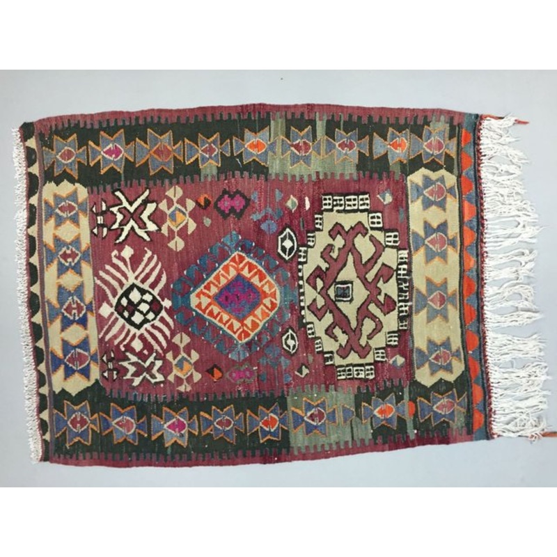 Small Vintage Turkish Black, Red, and Blue Wool Tribal Kilim Rug, 1950s for sale at Pamono
