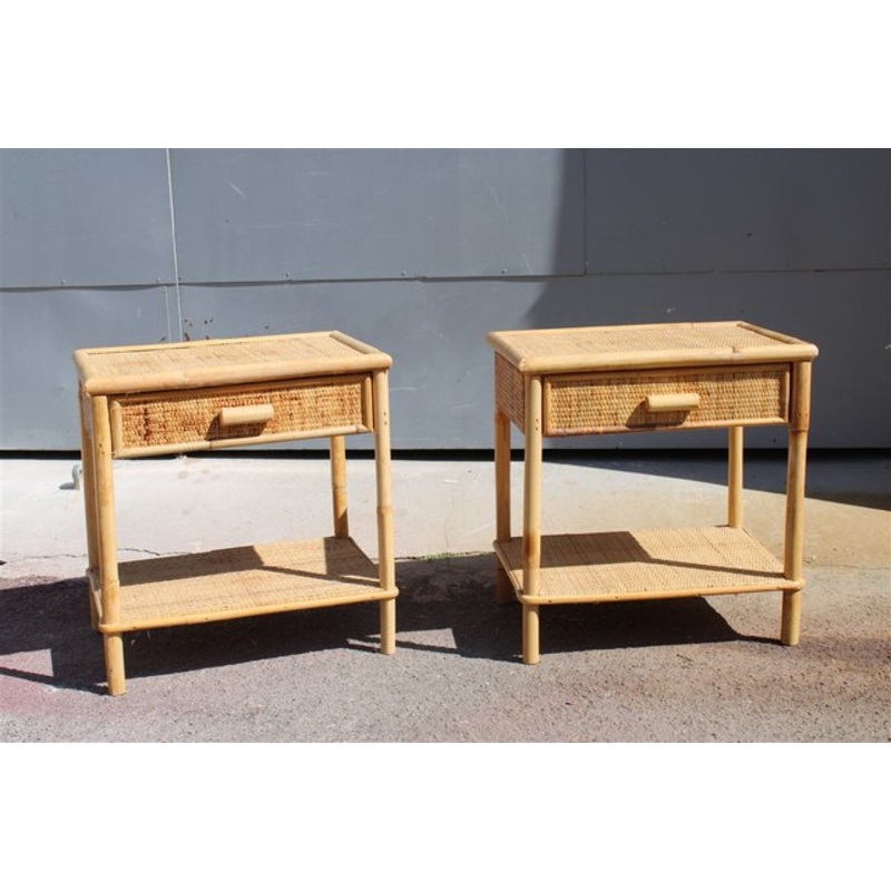 Vintage Italian Bamboo Bedside Tables with Drawer and Shelf, 1950, Set of 2 for sale at Pamono