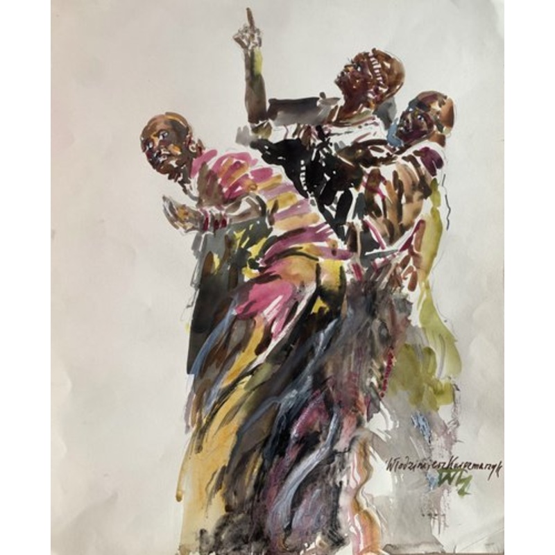 Wodzimierz Karczmarzyk, Sharjah, Masai Dancers, 1981, Watercolor on Paper for sale at Pamono