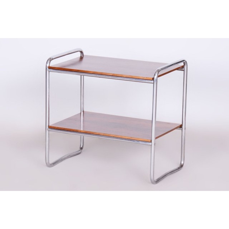 Bauhaus Side Table in Walnut, Chrome-Plated Steel, Czech, 1930s for sale at Pamono
