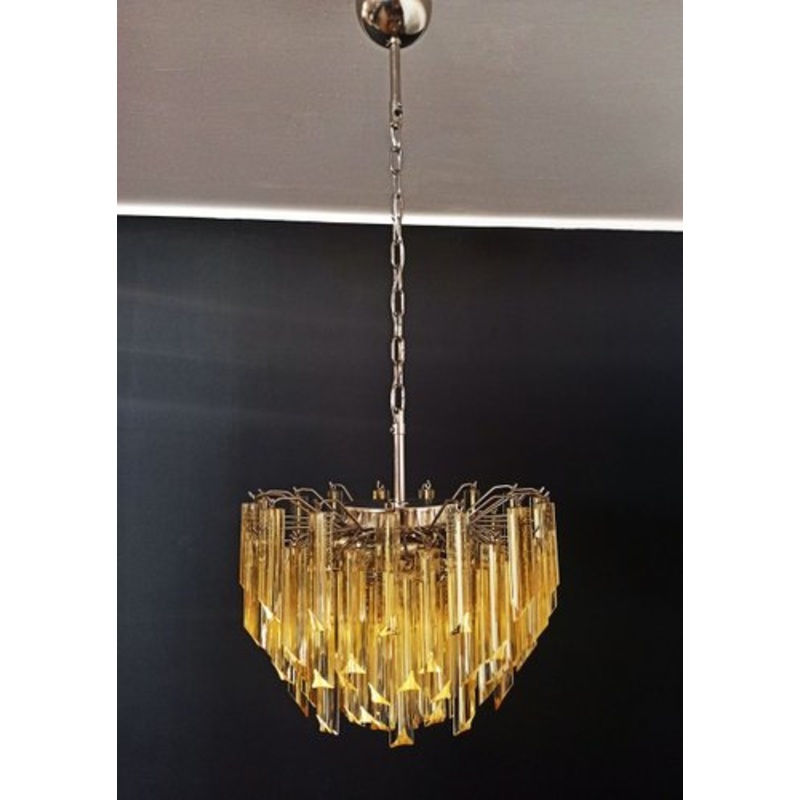 Clear Amber Triedri Murano Glass Chandelier, 1988 for sale at Pamono