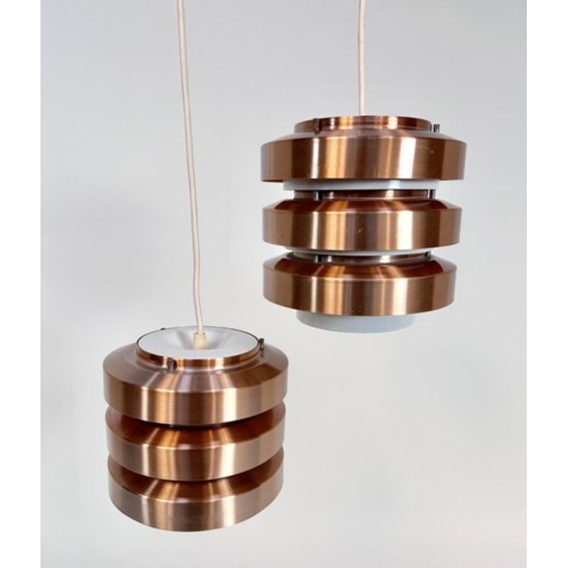 Copper and Metal Hanging Lamps from VEB Metalldrcker Halle, Germany, 1960s, Set of 2 for sale at Pamono