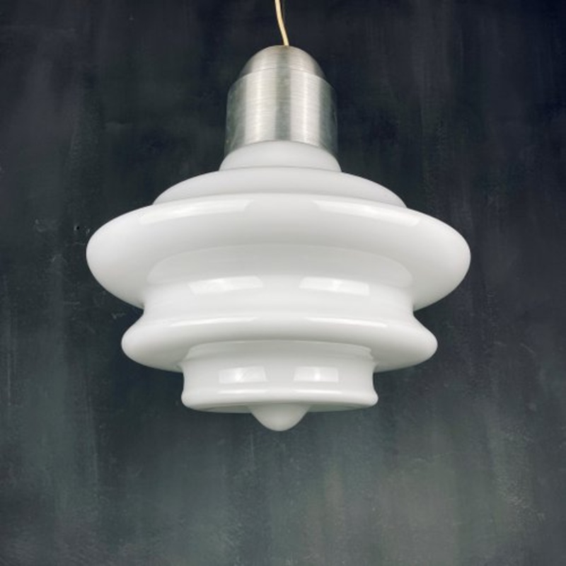 Large Mid-Century White Opaline Glass Pendant Lamp, Italy, 1960s for sale at Pamono