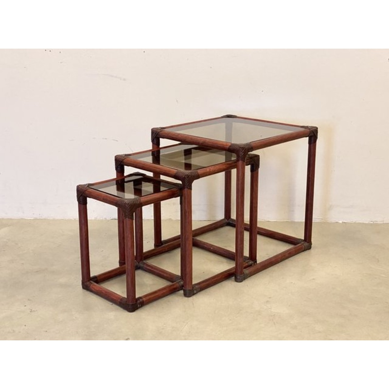Triptych Bamboo Tables in Leather, 1970s, Set of 3 for sale at Pamono