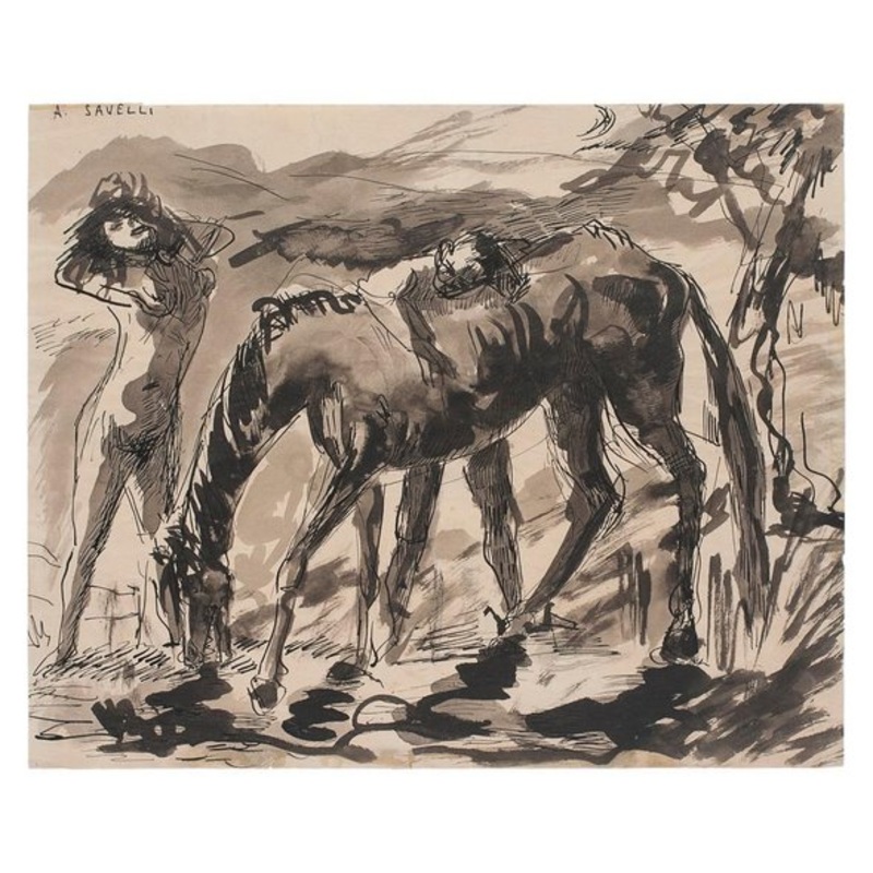Angelo Savelli, Woman and Horse, Ink and Watercolor, 1960s for sale at Pamono