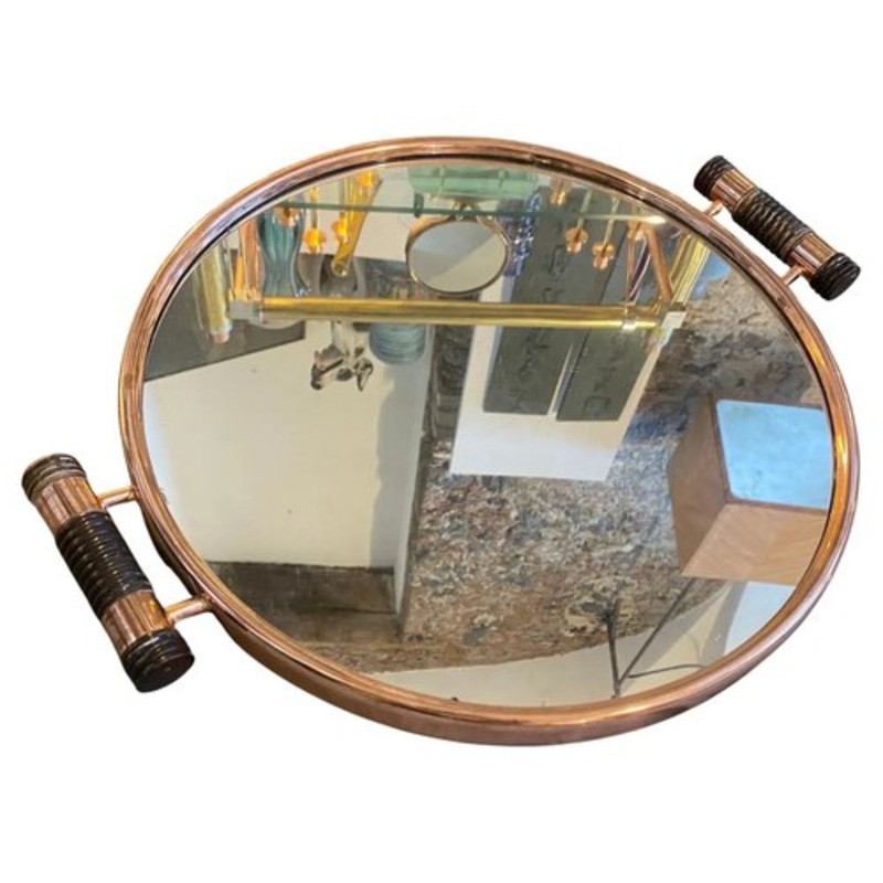 Art Deco Round Tray in Copper and Mirrored Glass with Ebony Handles from Poggi, Italy, 1930s for sale at Pamono