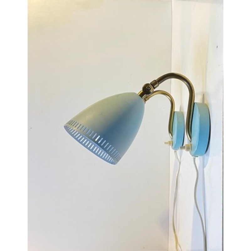 Mid-Century Swedish Light Blue and Brass Wall Lamps, 1950s, Set of 2 for sale at Pamono