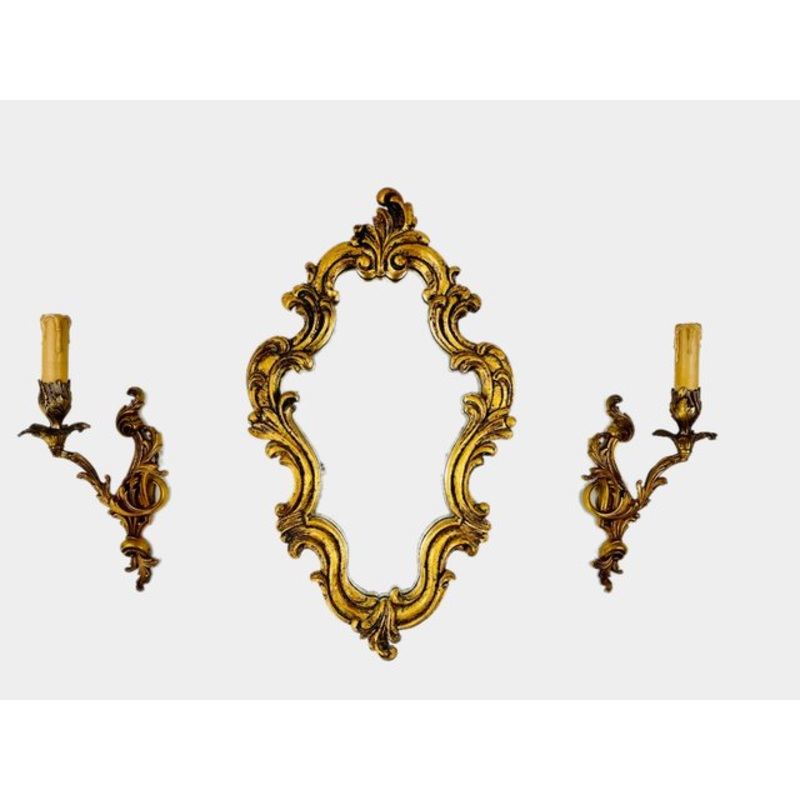 Mirror with Wall Lights, 1980s, Set of 3 for sale at Pamono