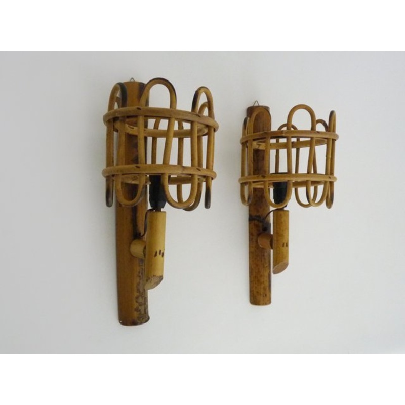 Rattan Bamboo Lantern Wall Lights, 1960s, Set of 2 for sale at Pamono