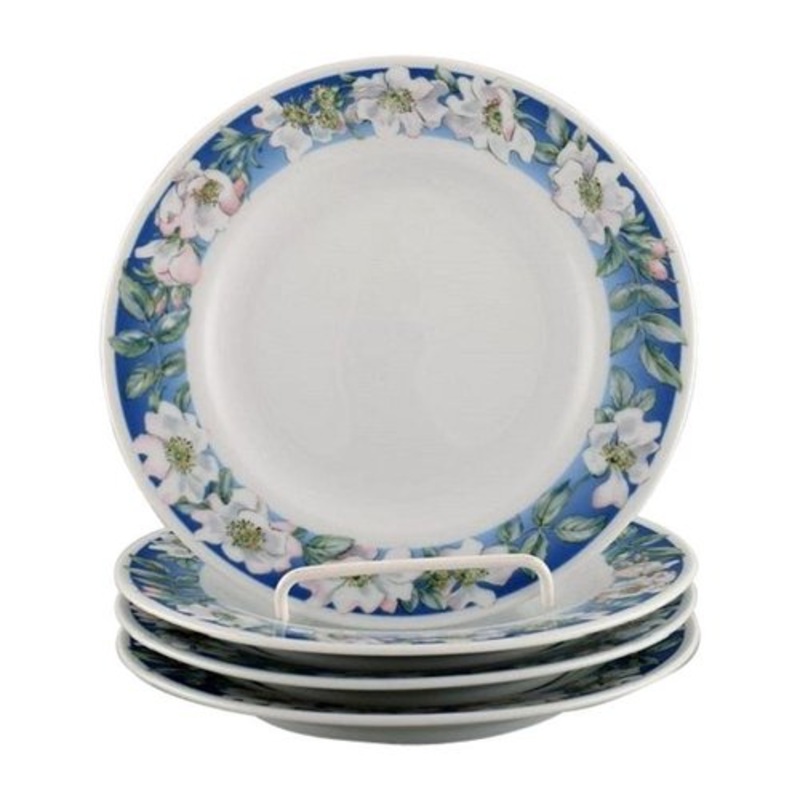 Royal Copenhagen White Rose Plates with Blue Border and White Flowers, Set of 4 for sale at Pamono