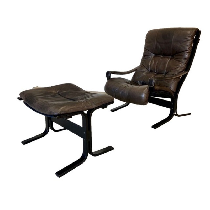 Set of Vintage Mid-Century Leather Lounge Chair & Ottoman by Ingmar Relling for Westnofa, 1970s for sale at Pamono