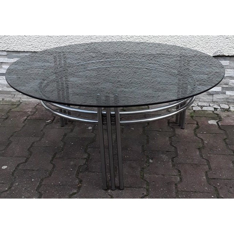 Vintage Chromed Metal Frame Coffee Table with Round Smoked Glass Plate, 1970s for sale at Pamono