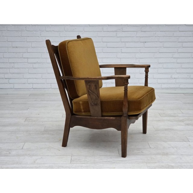 1950s, Danish Vintage Armchair, Original Green Furniture Velour, Oak Wood. for sale at Pamono