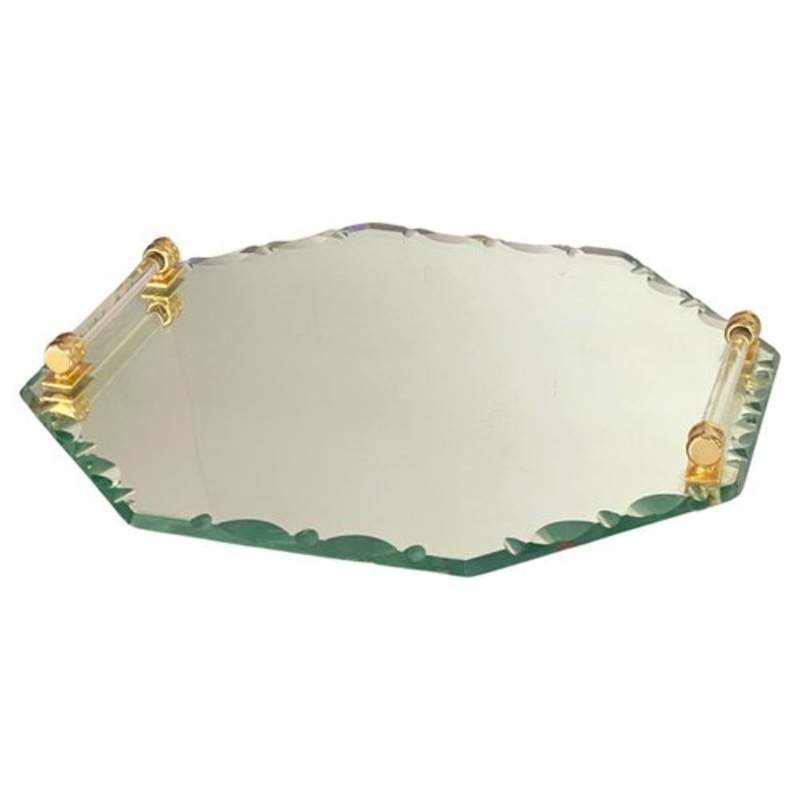 Art Deco French Tray Beveled Mirror in Brass Handles & Saint Gobain Glass, 1940s for sale at Pamono
