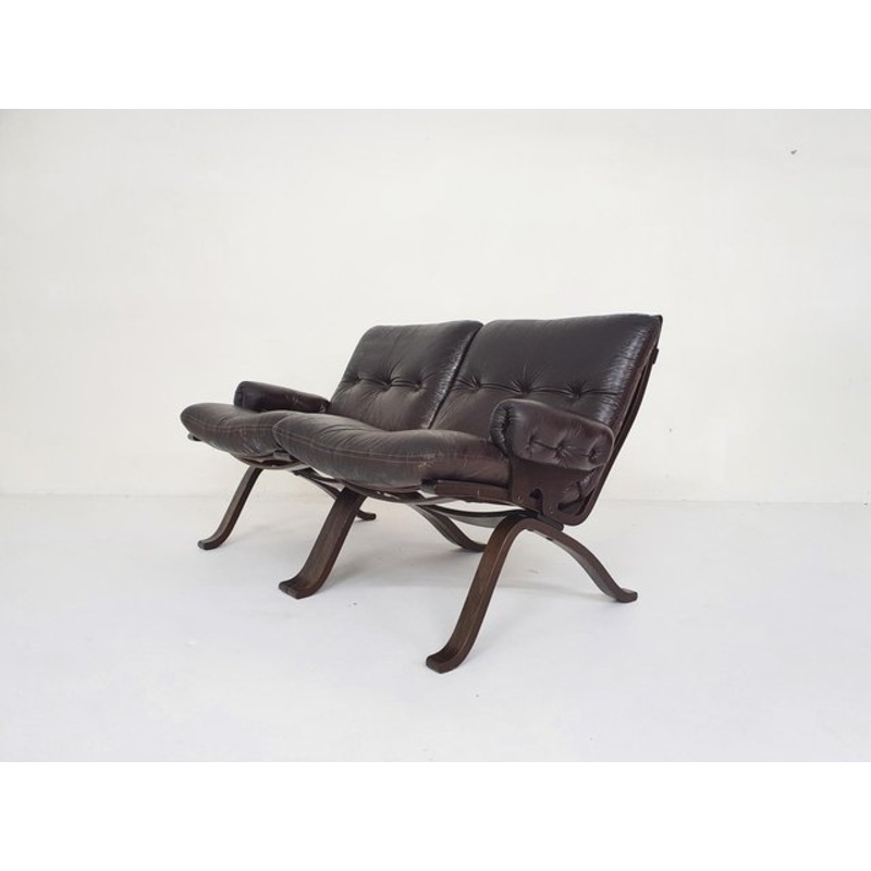Brown Leather 2-Seater Sofa, Norway, 1970s for sale at Pamono