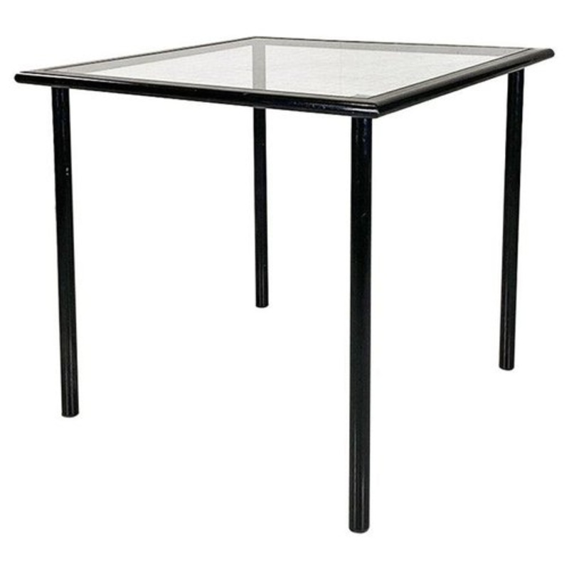 Modern Italian Square Table in Black Metal and Square Glass, 1980s for sale at Pamono